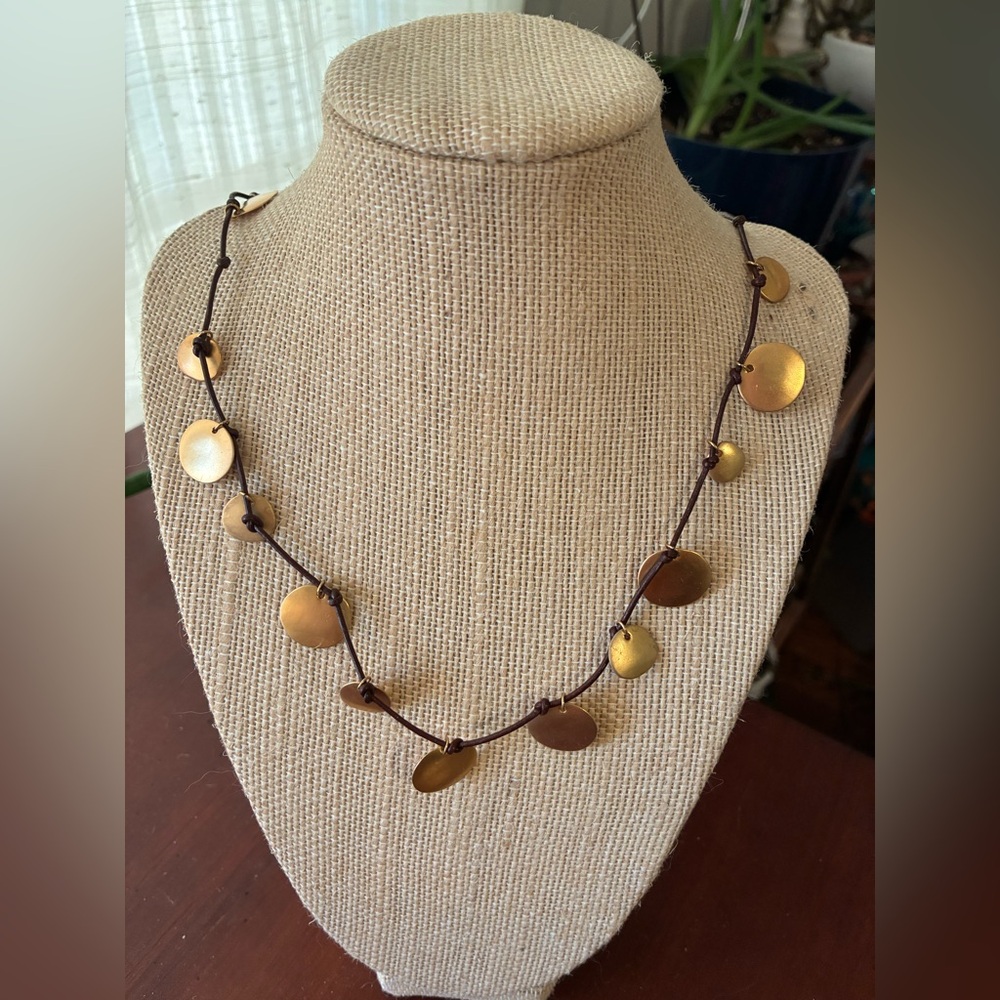Gold Disc Necklace on Brown Cord